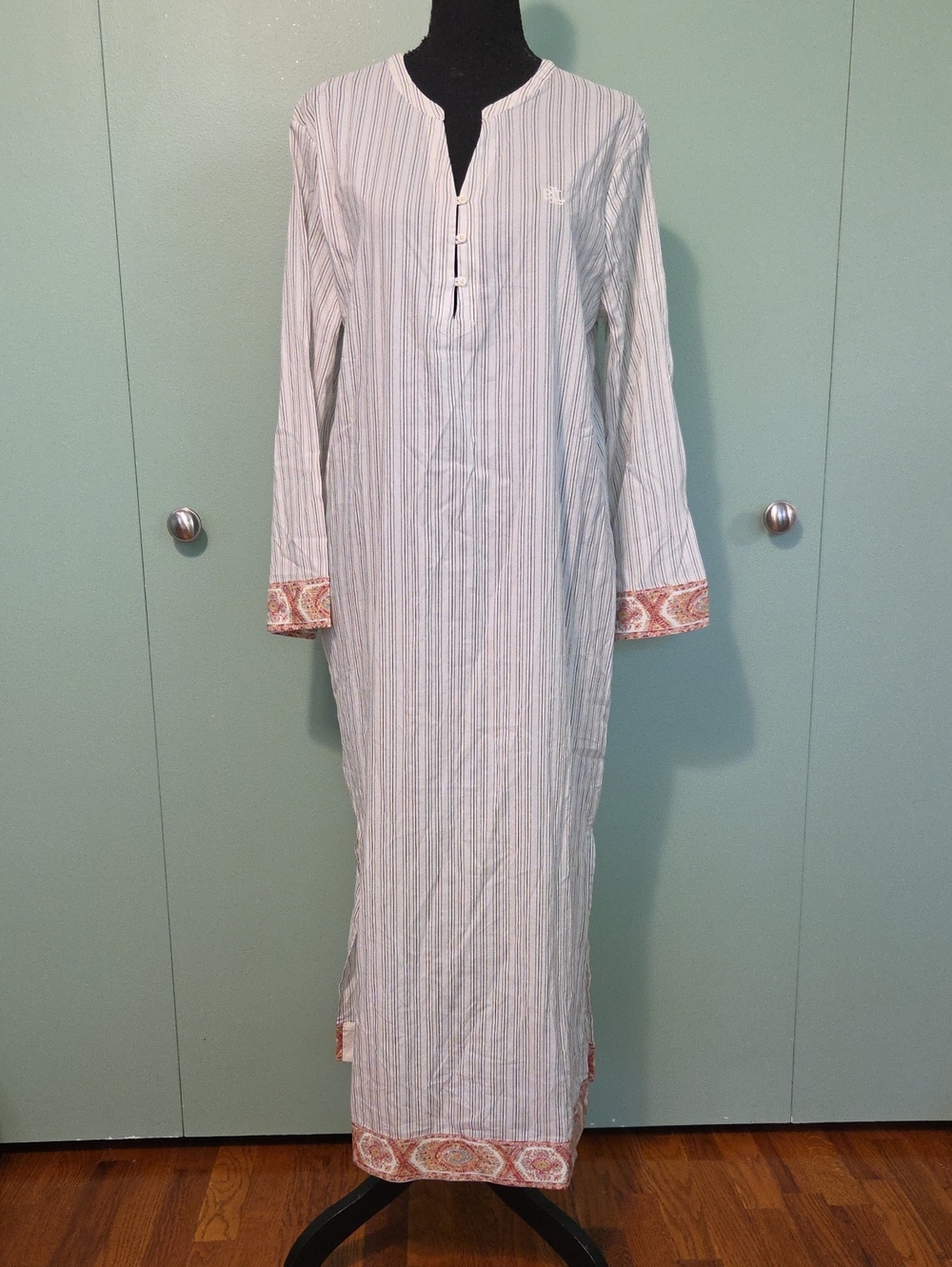 Lauren Ralph Lauren Striped Cotton Blend Lawn Caftan Sleepwear Night Gown Size S